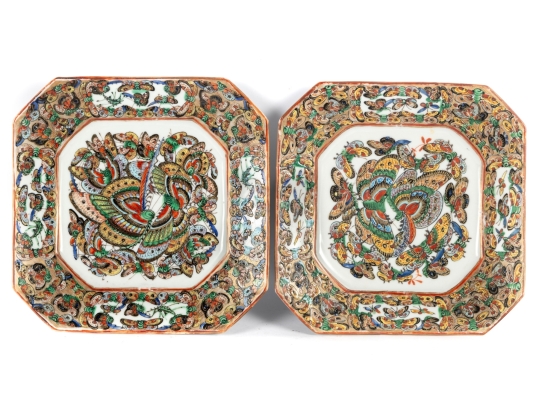 Pair Of Chinese Famille Rose “Hundred Butterflies” Octagonal Plates
