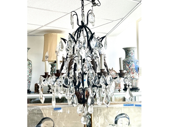 Elaborate Wrought Iron And Handcut Crystal 6 Lite Chandelier