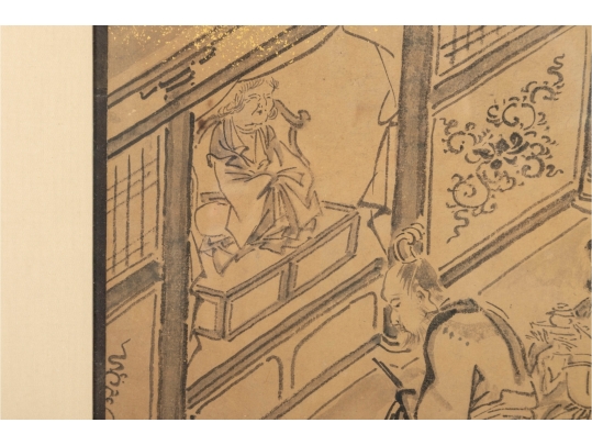 Pair Of Gilt Vintage Chinese Ink Illustrations 