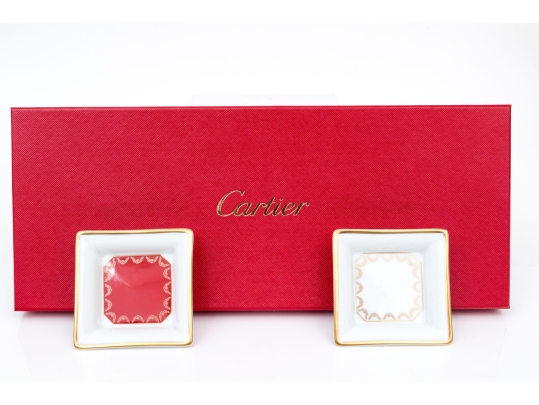 Cartier Pair Of Limoge Porcelain Trinket Trays, With Box