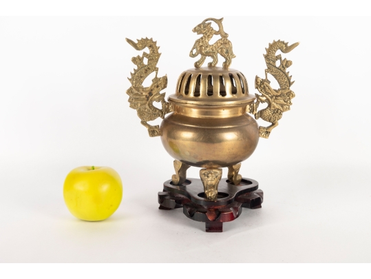 Chinese Brass Censer With Dragon Handles And Mythical Beast Finial