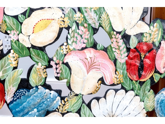 Antique Whimsical Hand-painted Tole Floral Bouquet Form Easel Back Fire Screen