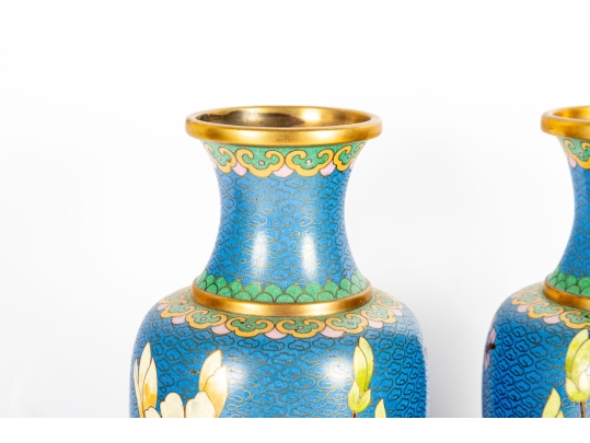 Pair Of Vintage Chinese Cloisonné Enamel Vases With Cherry Blossom Motif