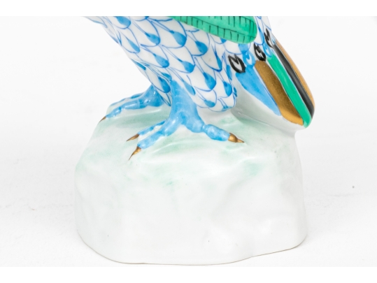 Herend Hungary Hand-Painted Porcelain Owl Figure, Blue FIshnet Pattern With Polychrome Plumage