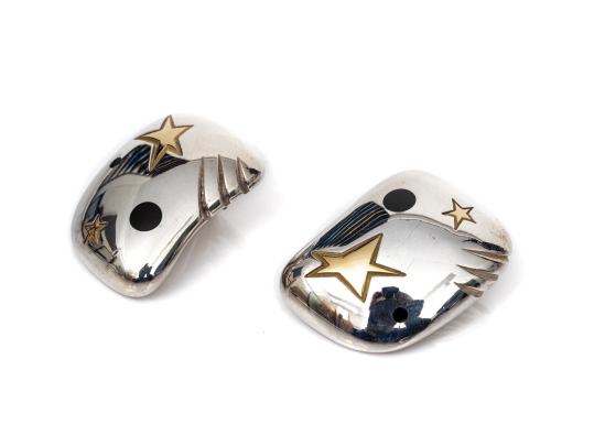 Michael Bondanza Sterling And 18k Fun Vintage Star And Black Onyx Inlay Chunky Earrings