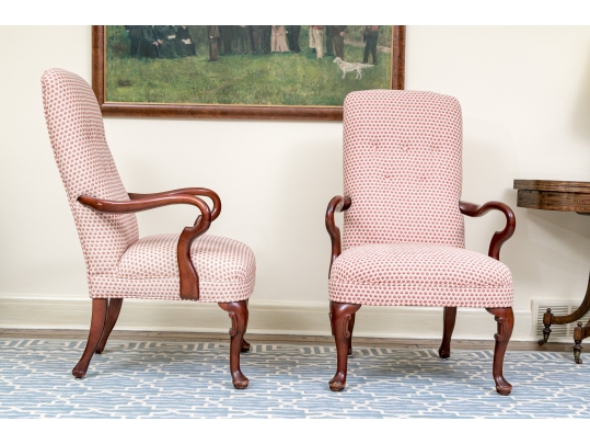 Fabulous Pair Of Mahogany Goose Neck Upholstered Armchairs