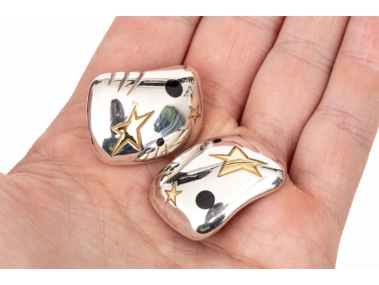Michael Bondanza Sterling And 18k Fun Vintage Star And Black Onyx Inlay Chunky Earrings