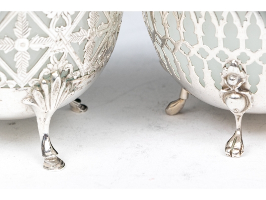 Compatible Pair Of Antique Sterling Silver And Silverplate With White Opaline Glass Baskets