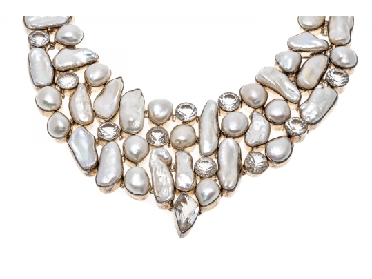 Impressive Sterling Buroque Pearl And Quartz Festooned Necklace