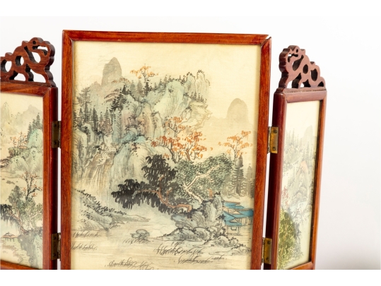 Miniature Chinese Hand-Painted Silk Folding Table Screen