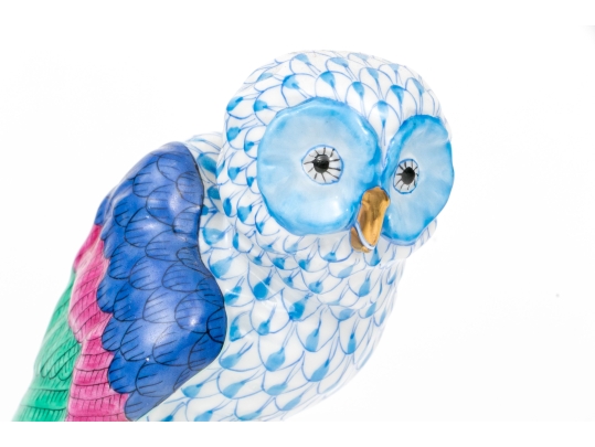 Herend Hungary Hand-Painted Porcelain Owl Figure, Blue FIshnet Pattern With Polychrome Plumage