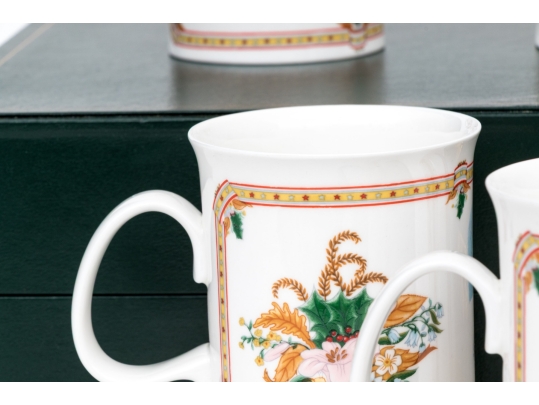 Gucci Vintage Set Of Six Bone China Christmas Themed Mugs, Boxed