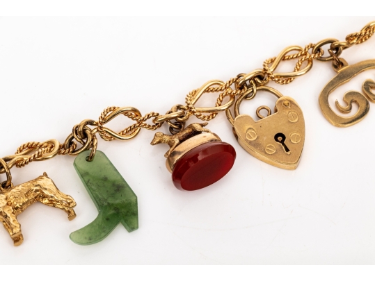 14k Yellow Gold Fun Rope Motif Vintage Charm Bracelet, With 14k And 9k Assorted Charms