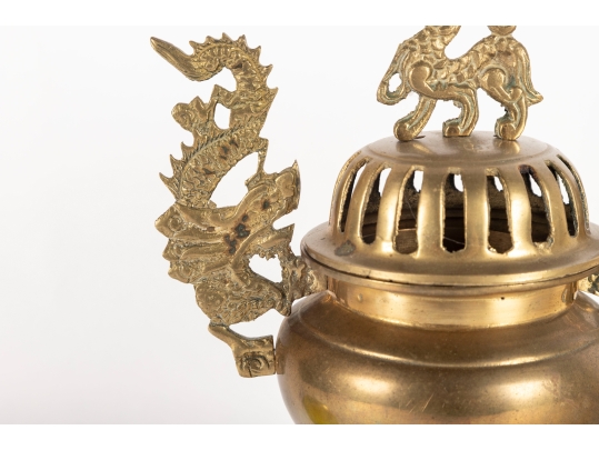 Chinese Brass Censer With Dragon Handles And Mythical Beast Finial