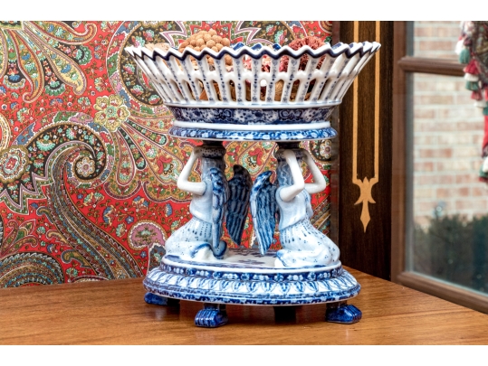 Decorative Blue And White Porcelain Compote Centerpiece