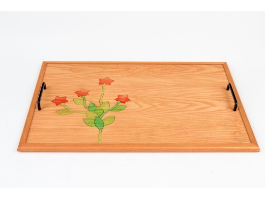 Decorative Serving Tray With Two Handles And Floral Motif