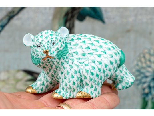 Herend Hungary Hand-Painted Porcelain Bear Cub, Green Fishnet Pattern