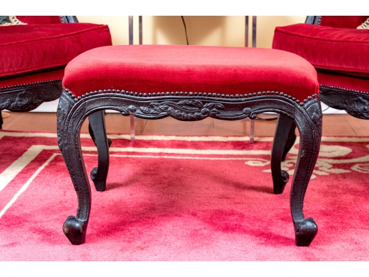 Pair Of Custom Upholstered Queen Anne Style Armchairs With Associated Ottoman