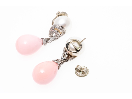 14k Yellow Gold Stunning White South Sea Pearl And Pink Peach Coral Drop Earrings
