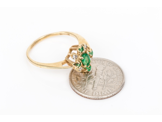 14k Yellow Gold Vintage Emerald And Diamond Cluster Ring, App. 0.04 TCW, Size 5.75