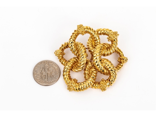 18k Yellow Gold Magnificent Ribbed And Beaded Knot Brooch/necklace Enhancer