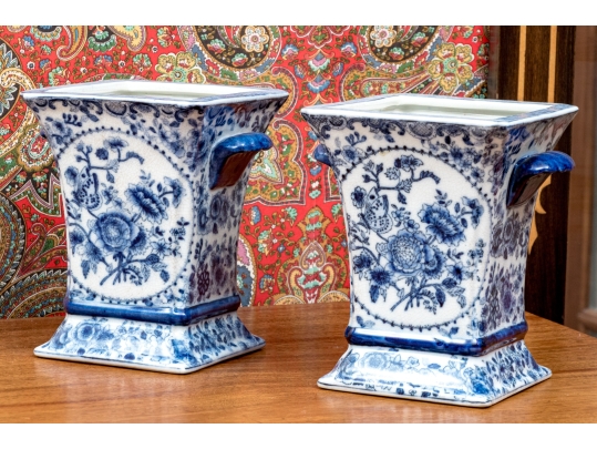 Pair Of Decorative Blue And White Twin Handled Square Beaker Vases