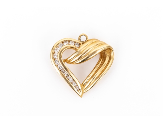 10k Yellow Gold Retro Channel Diamond Set Ribbed Open Heart Pendant, App. 0.07 TCW