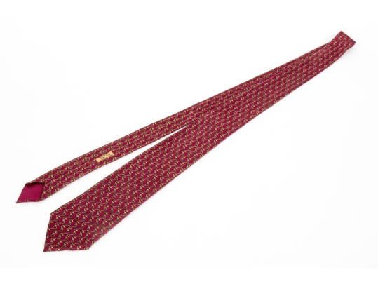 Hermes Burgundy And Gold Anchor Motif Silk Tie, With Box