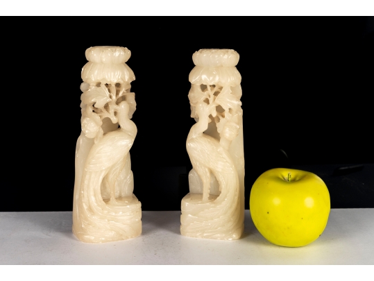Antique Chinese Carved Nephrite Peacock Candle Holders