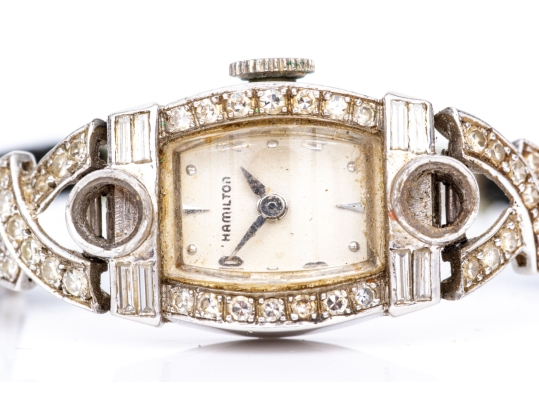 Hamilton Vintage Platinum And Diamond Case Wristwatch, Gold Filled Buckle, As-is