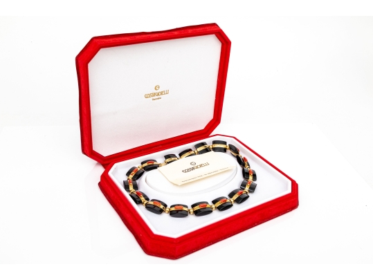 18k Yellow Gold Beautiful Chunky Square Black Onyx Pillow Link And Coral Set Necklace