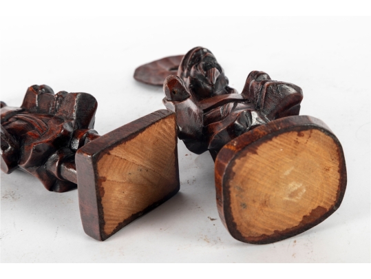 Pair Of Chinese Carved Wood Elder Figures With Removable Hats