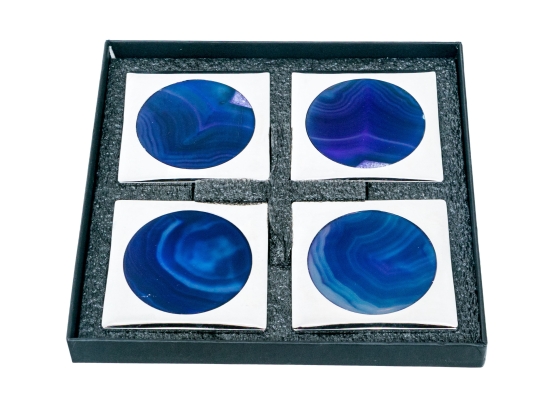 Boxed Set Of Four Anna New York Eggplant Agate And Metal Coasters