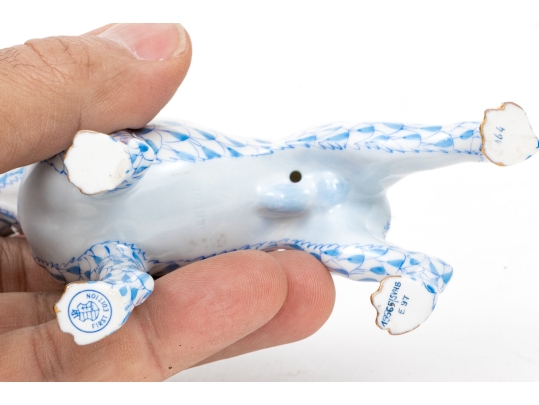 First Edition Herend Hungary Hand-Painted Porcelain Boxer Dog Figure, Blue Fishnet Pattern