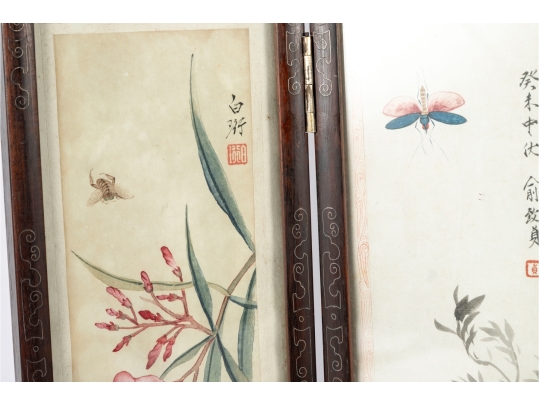 Vintage Chinese Folding Table Screen With Hand-Painted Scenes