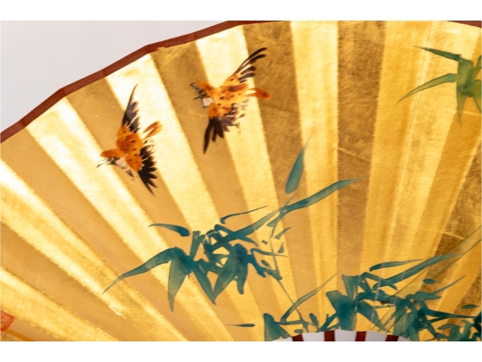 Pair Of Japanese Gilt Folding Fans On Stands