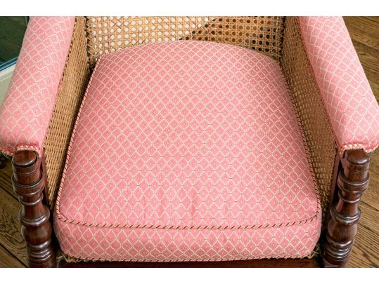Mahogany And Cane Custom Upholstered Accent Armchair