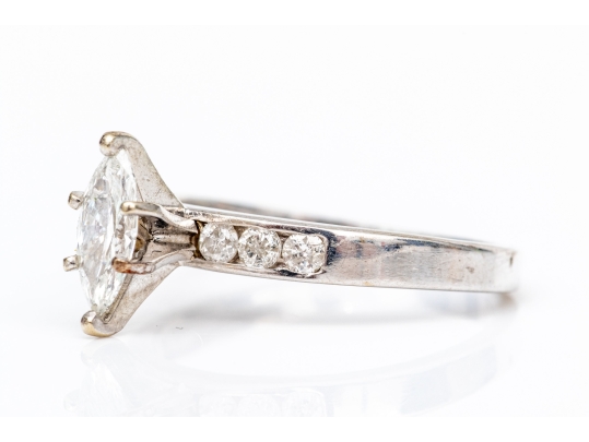 14k White Gold Marquise And Round Diamond Ring, App. 0.59 TCW, Size 7.25