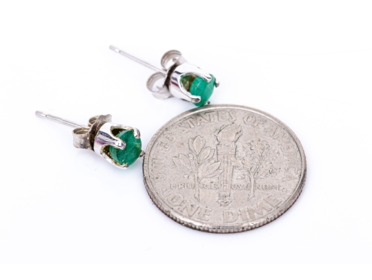 14k White Gold Opaque Round Emerald Stud Earrings, App. 0.36 TCW