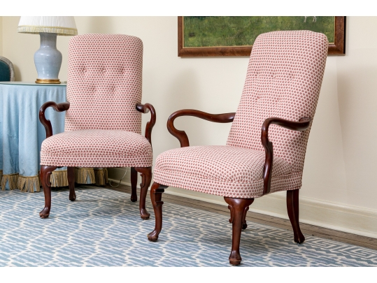 Fabulous Pair Of Mahogany Goose Neck Upholstered Armchairs