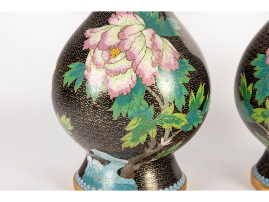 Pair Of Vintage Black Cloisonné Vases With Peony Motif