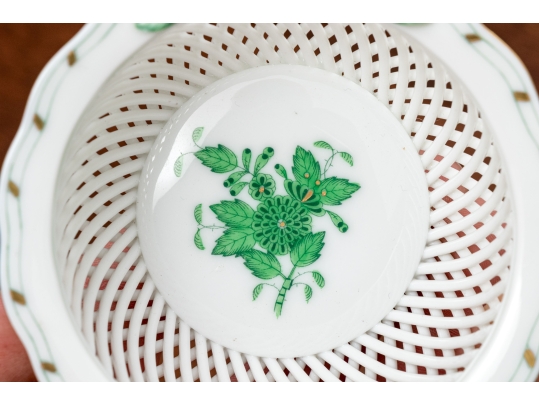 Herend Hungary Hand-Painted Porcelain Reticulated Basket, Green Chinese Bouquet Pattern