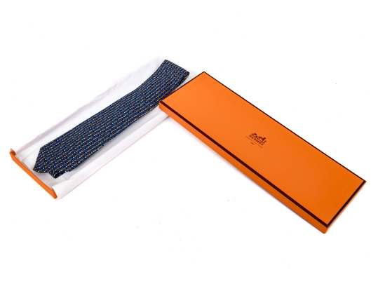 Hermes Handsome Navy Blue And Multi Color Silk Tie, With Box