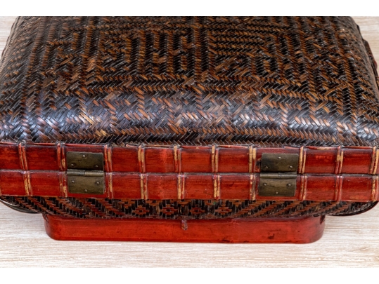 Vintage Chinese Woven Rattan And Lacquered Pillow Form Lidded Storage Box