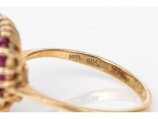 14k Yellow Gold Ruby And Diamond Cluster Ring, App. 0.03 TCW In Diamonds, Size 7.75