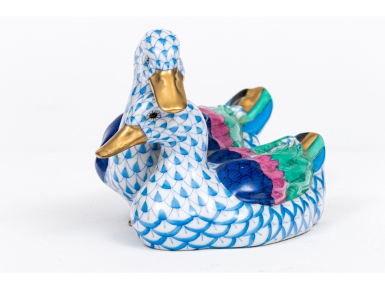 Herend Hungary Hand-Painted Porcelain Ducks – Blue Fishnet With Polychrome Feathers