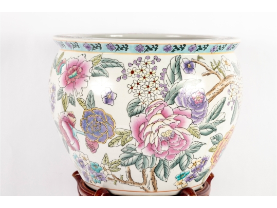 Mid-20th Century Chinese Famille Rose Porcelain Fish Bowl With Wooden Stand