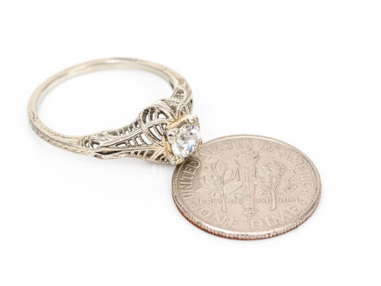 18k White Gold Vintage Filigree And Diamond Ring, App. 0.28 CTS, Size 6.5