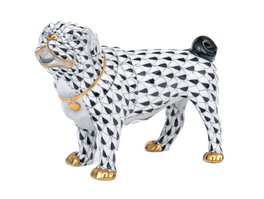 Herend Hungary Hand-Painted Porcelain Pug Figure – Black Fishnet Pattern
