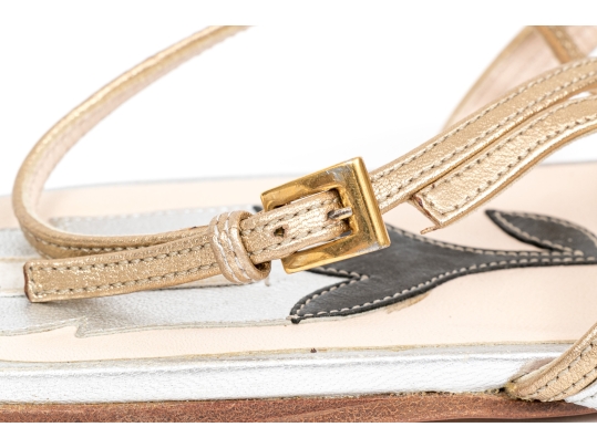 Prada Lovely Silver And Gold Metallic Leather Flat Sandals, Size 37